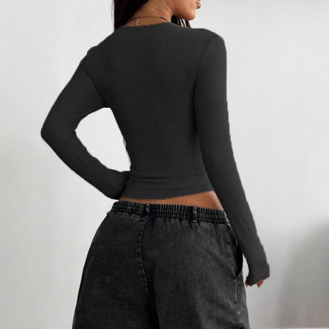 Women's Ribbed Knit V-Neck Long Sleeve Slim Fit Top