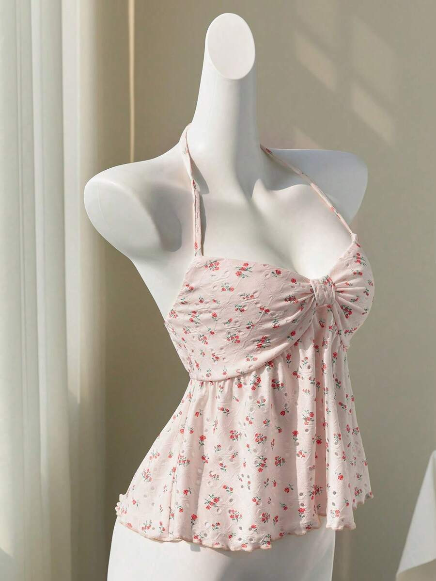 Japanese-Style Floral Tie-Front Cami Doll Top