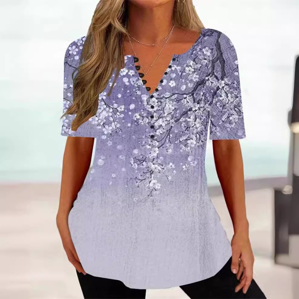 Women's Loose V-Neck Floral Print Pleated Button Short Sleeve Shirt