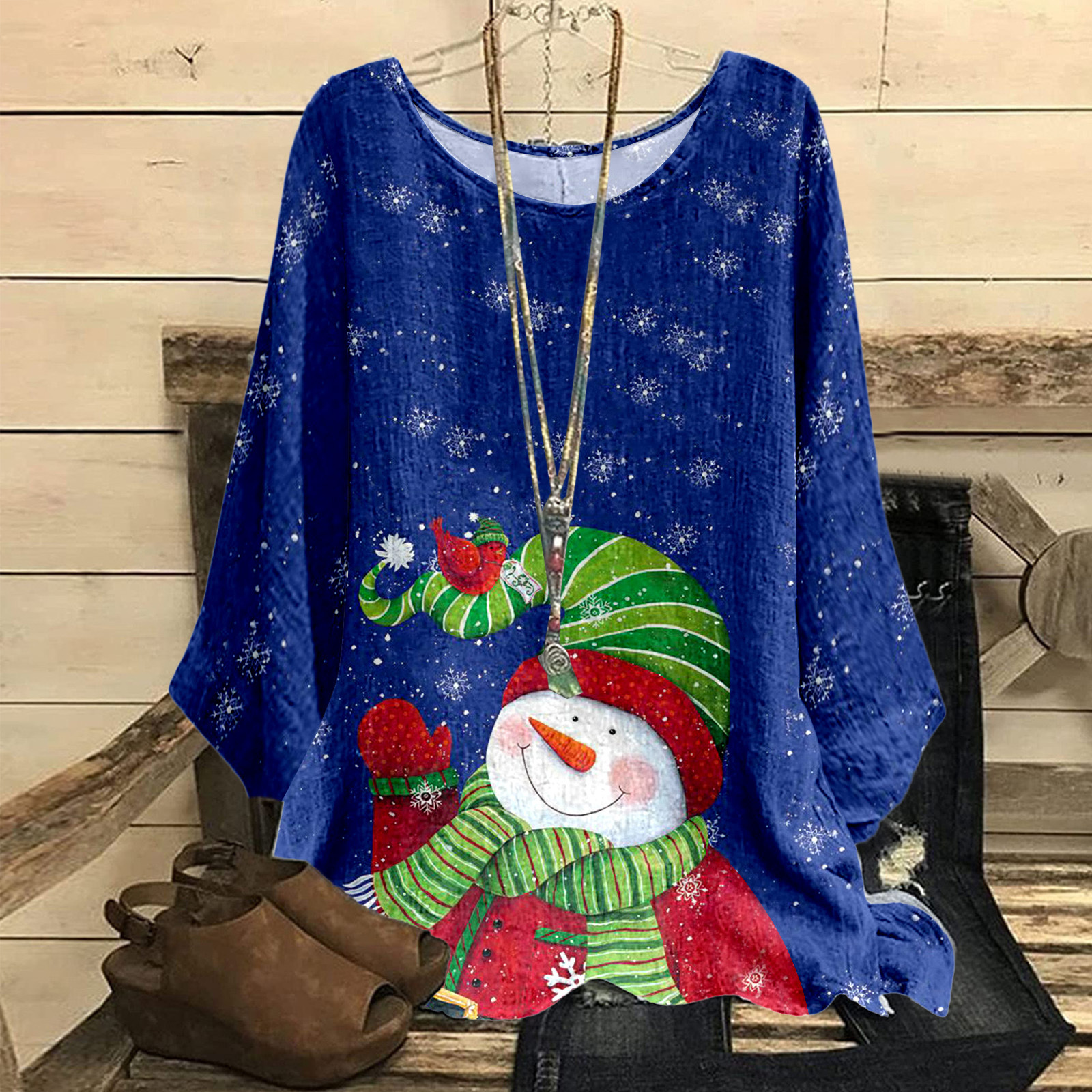 Christmas Cotton-Linen Geometric Print Loose Vintage Top