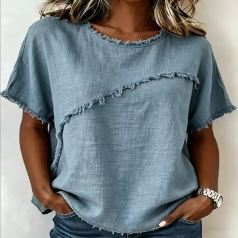 Women's Crewneck Short Sleeve Fringe Spliced Shirt