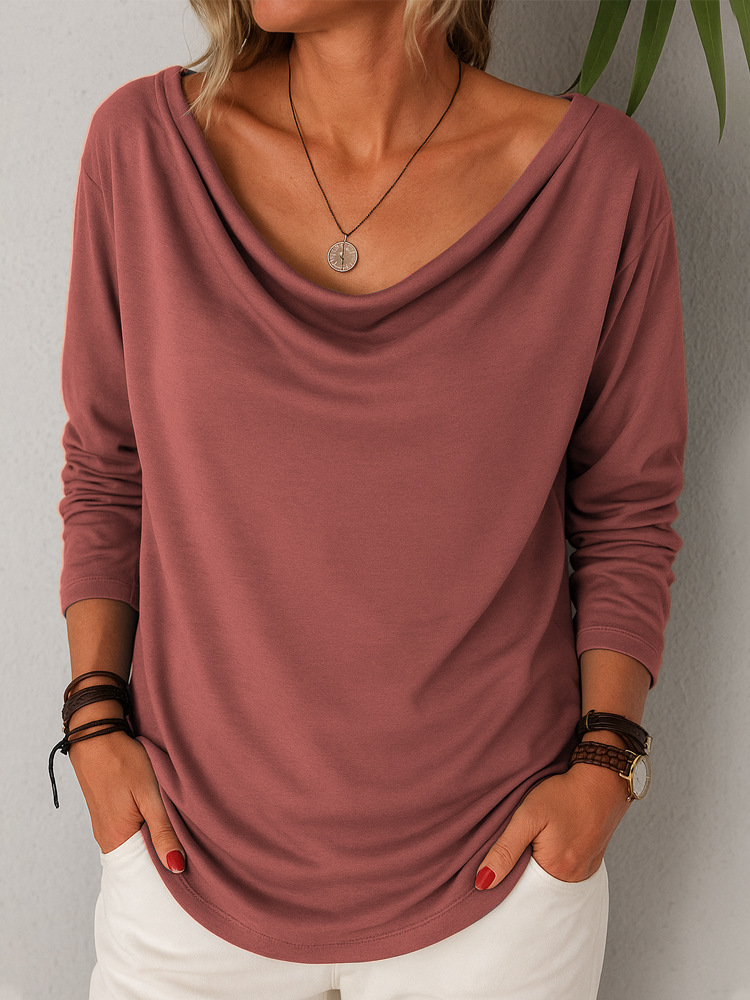 Women's Casual Loose Long Sleeve Solid Color Cowl Neck Pullover T-Shirt