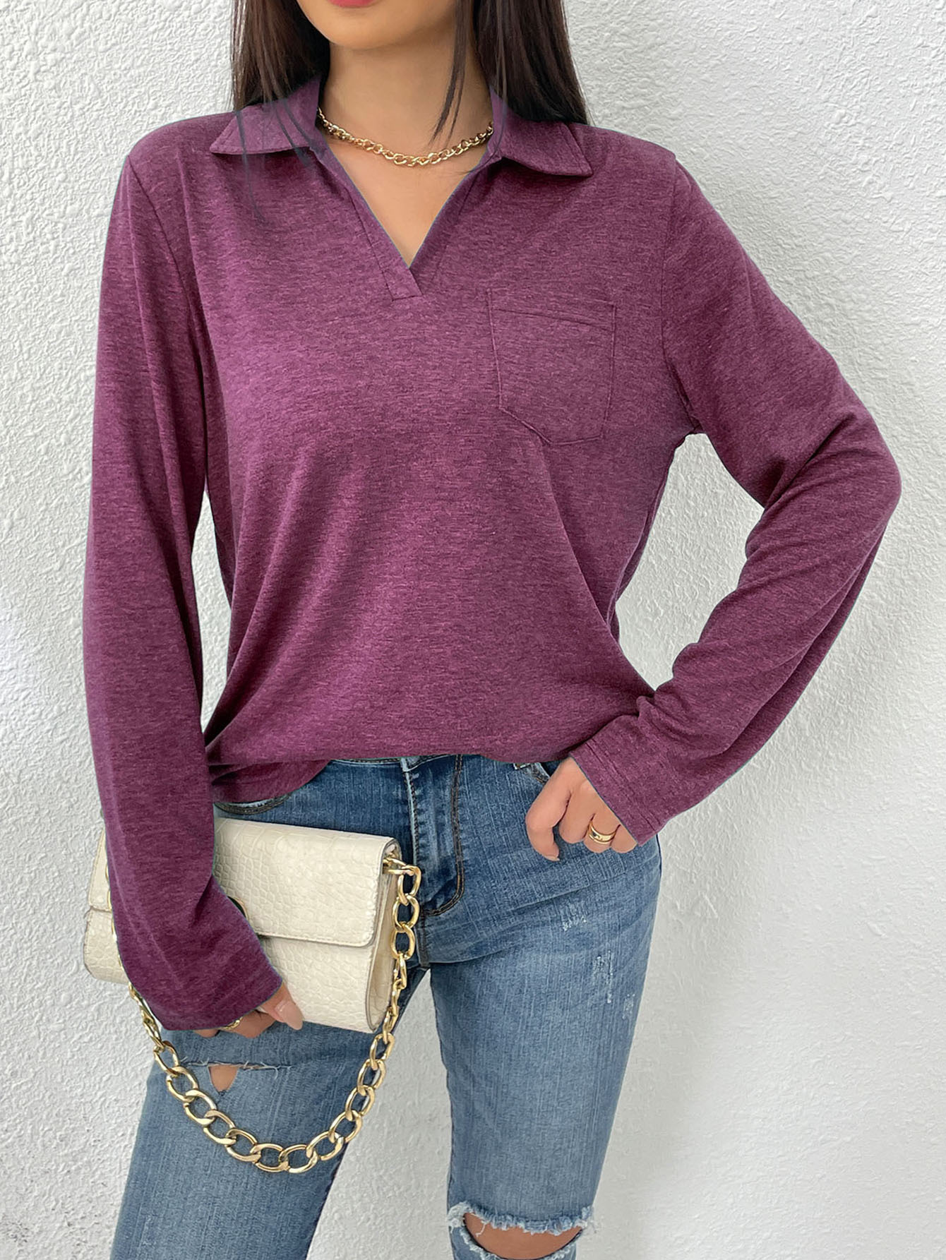 Women's Long Sleeve Solid Color Collared Loose Pocket T-Shirt