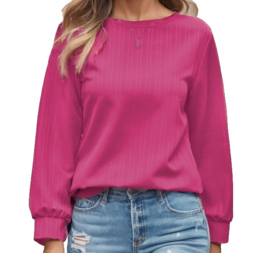 Women's Solid Color Double-Line Jacquard Long-Sleeve Loose Fit Top