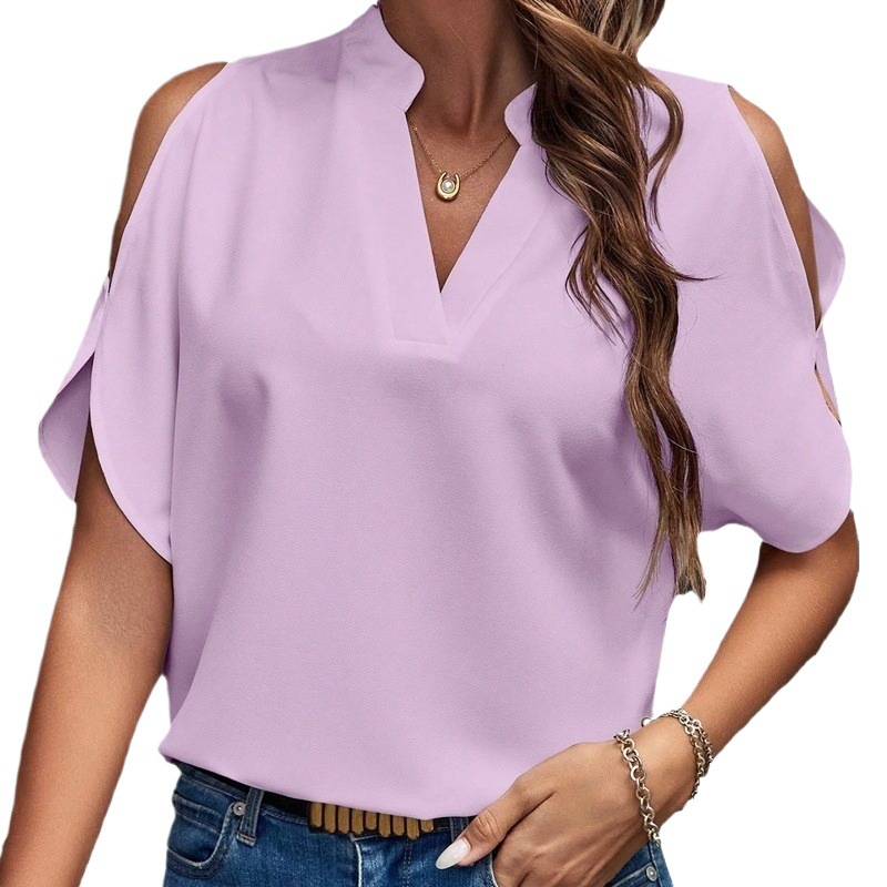 Women's Solid V-Neck Cold-Shoulder Short Sleeve Top