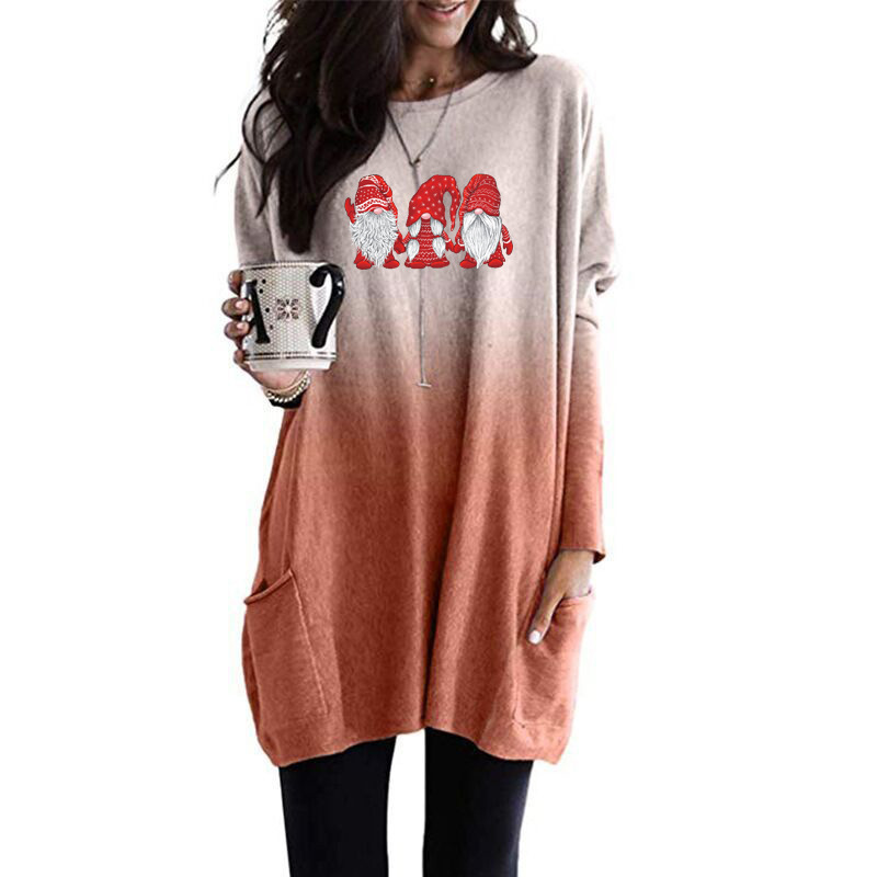 Santa Print Long Sleeve Round Neck Pocket Dress
