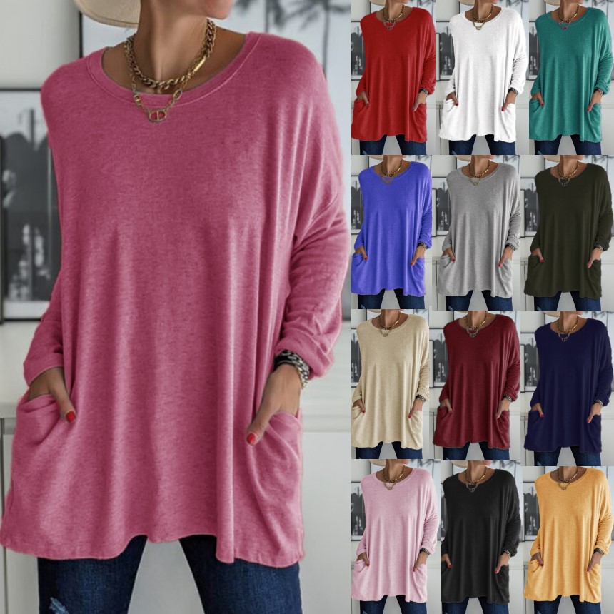 Women's Loose Fit Crewneck Long Sleeve Solid T-Shirt with Pocket