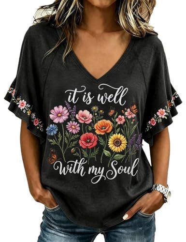 Floral Book Print V-Neck Short Sleeve Women's T-Shirt
