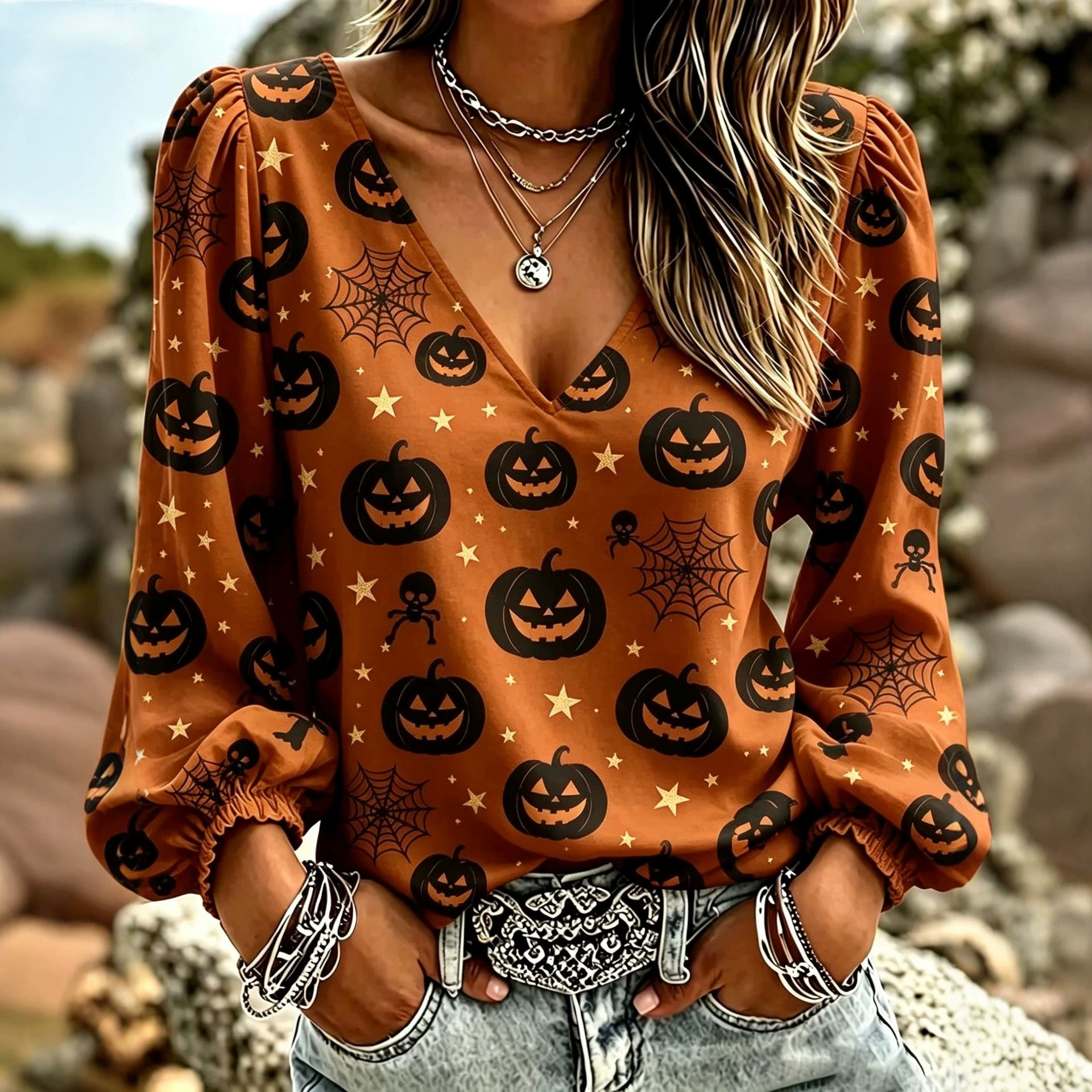 Halloween Pumpkin Ghost Print V-Neck Long Sleeve Women's T-Shirt
