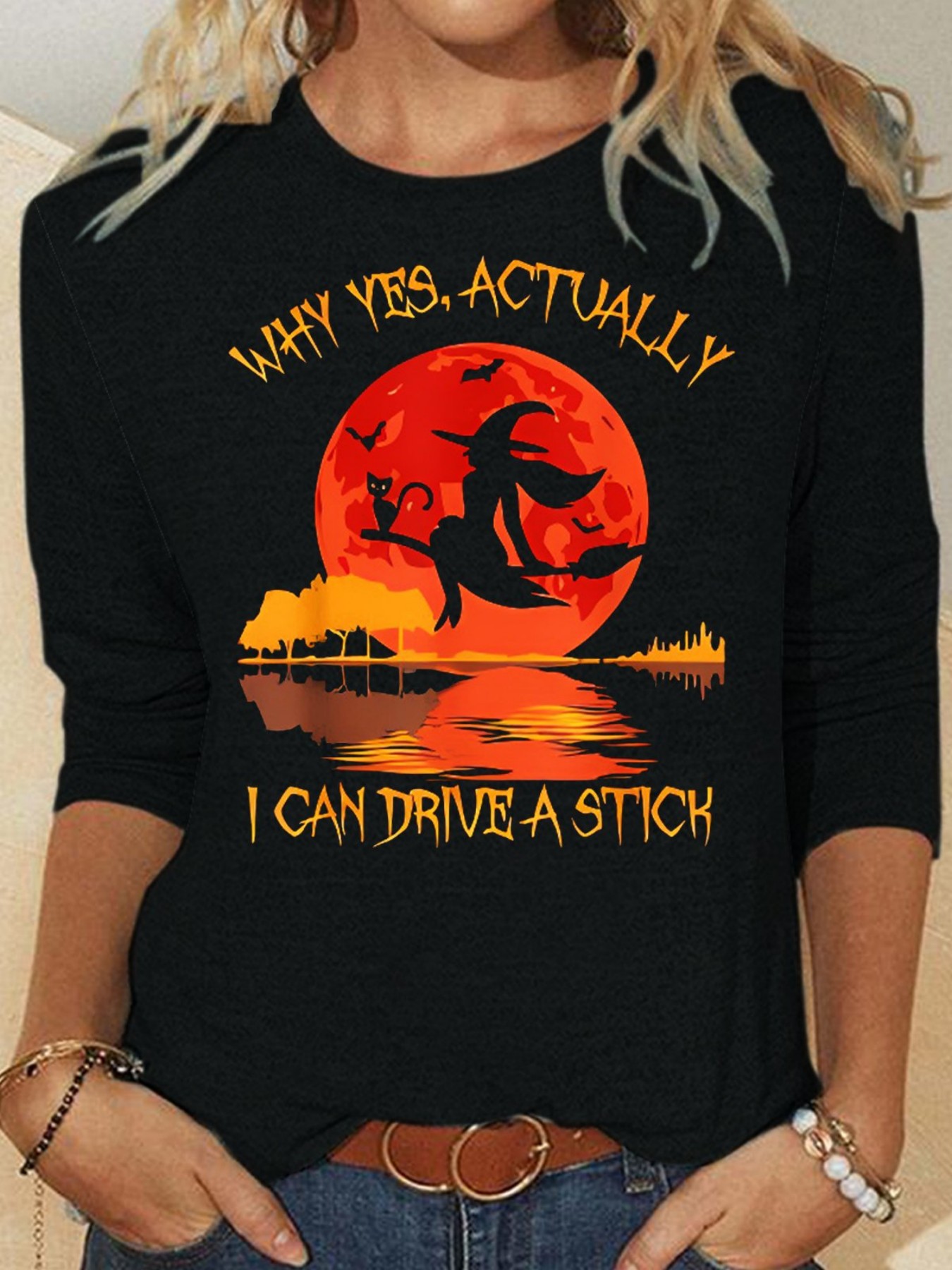 Halloween Witch Letter Print Crewneck Mid-Sleeve Top