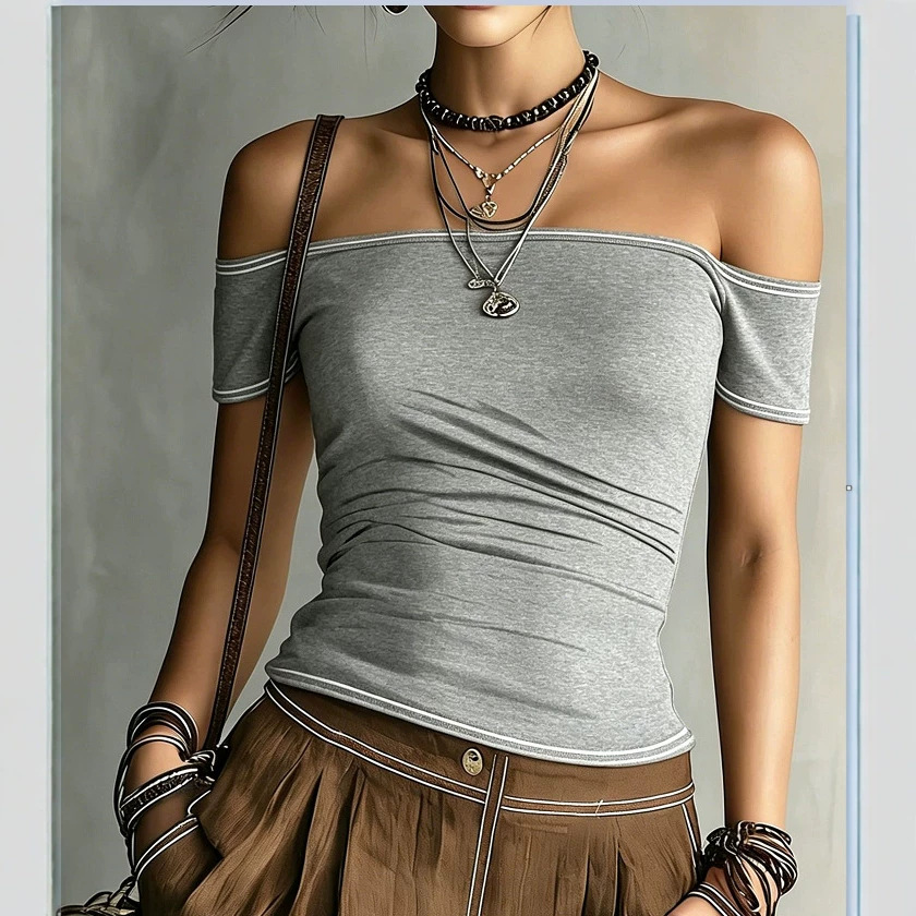Women's Off-Shoulder One-Line Neck Crop Top Short Sleeve T-Shirt