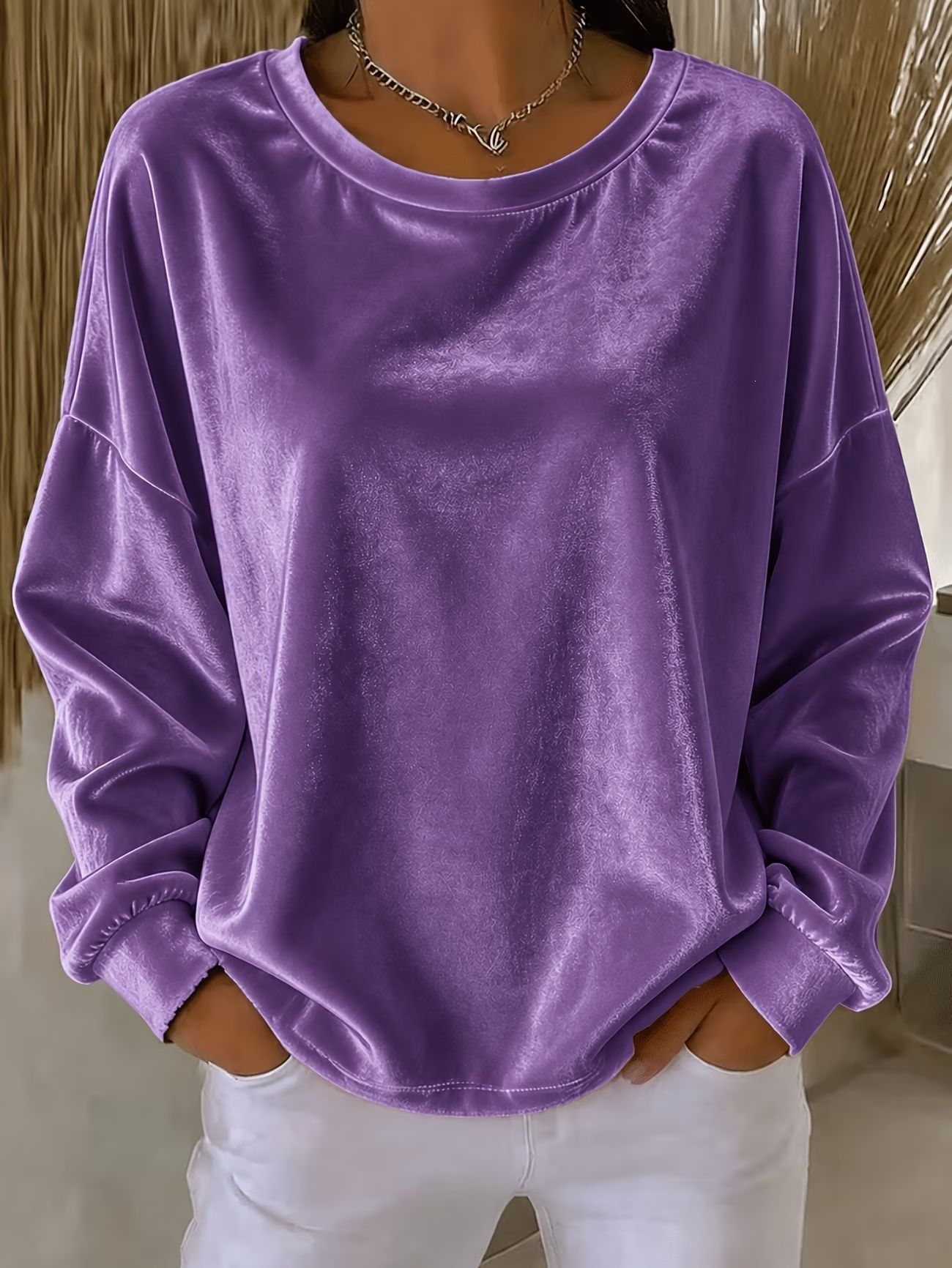 Women's Velvet Long Sleeve Crewneck T-Shirt Solid Color Loose Fit