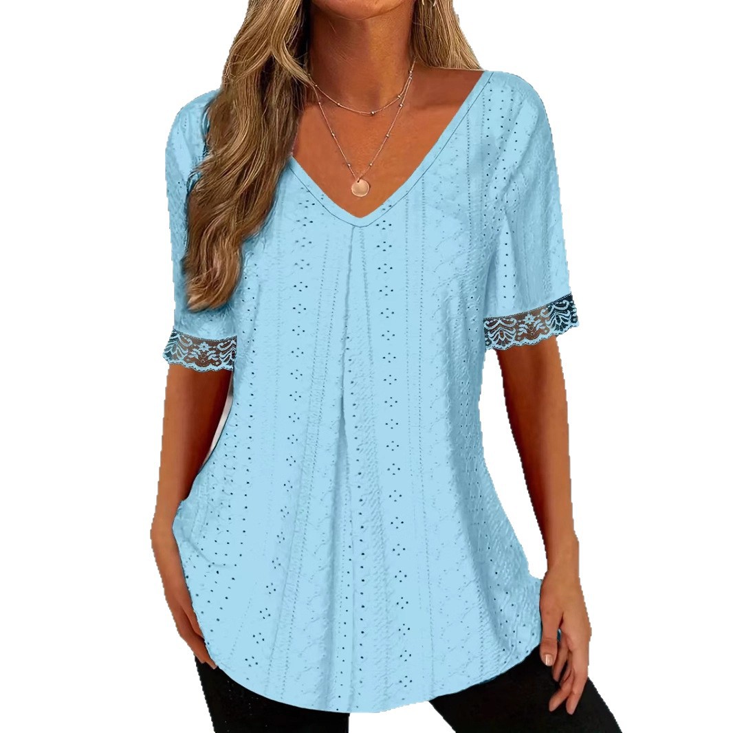 Women's Solid V-Neck Loose Short Sleeve Pleated T-Shirt