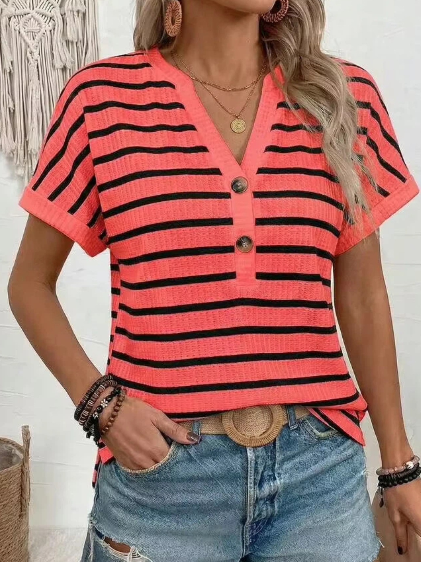 Women's Loose V-Neck Striped Waffle Knit Short Sleeve T-Shirt Casual Top