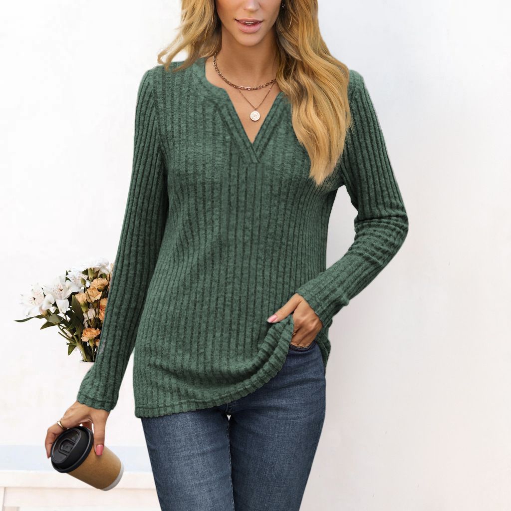 Women's Solid V-Neck Loose Long-Sleeve T-Shirt