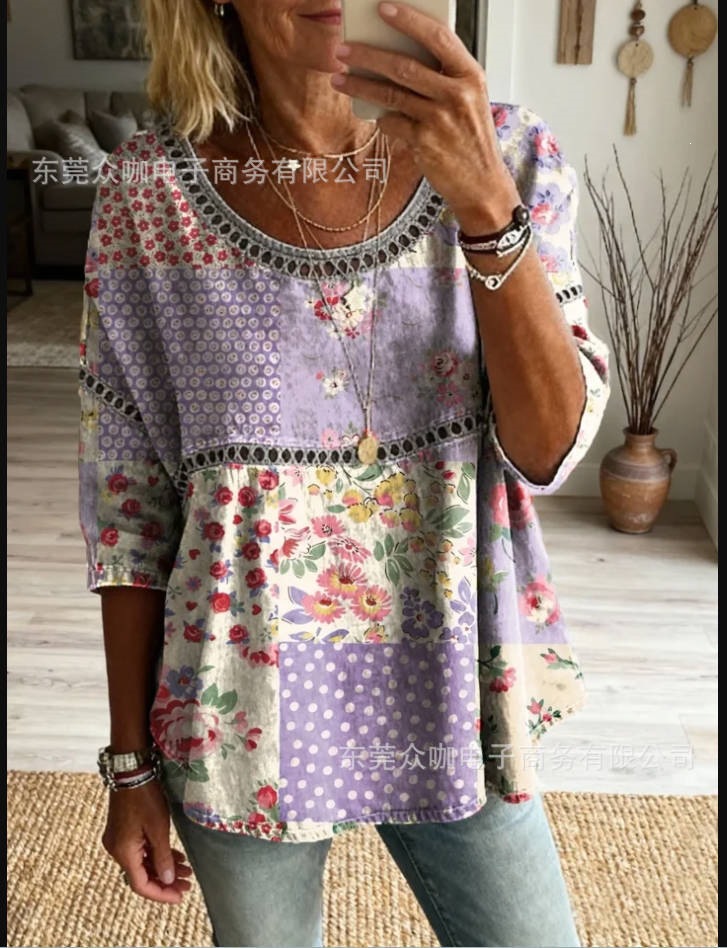 3D Floral Print Crewneck Half-Sleeve Ruched Top