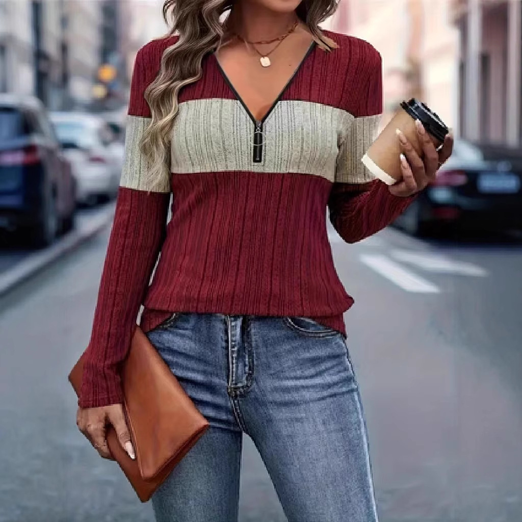 V-Neck Zip Colorblock Long-Sleeve T-Shirt