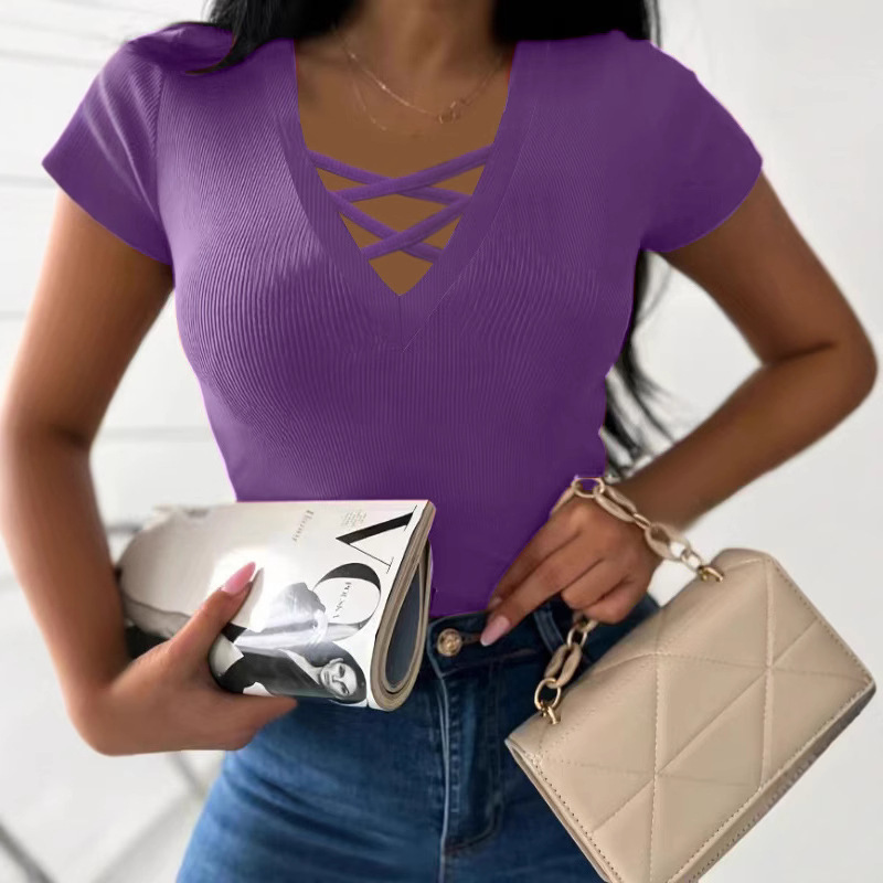 Elegant V-Neck Cross Short-Sleeve Women's T-Shirt