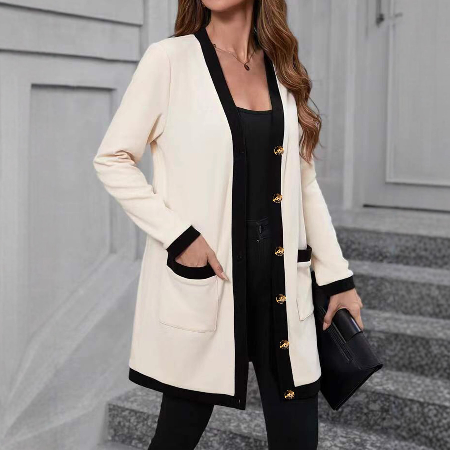 Colorblock Trim Knit Cardigan Women Open Front Midi Pocket Long Sleeve Plus Size