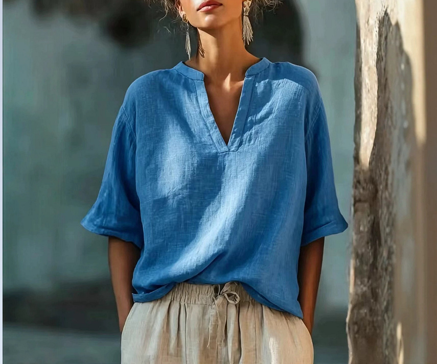 Women's Solid V-Neck Three-Quarter Sleeve Cotton-Linen Top