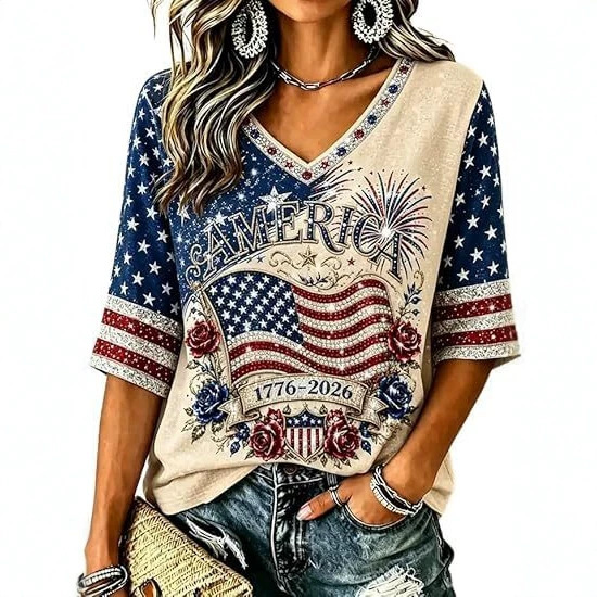 Women's American Flag Firework Print V-Neck Short Sleeve T-Shirt