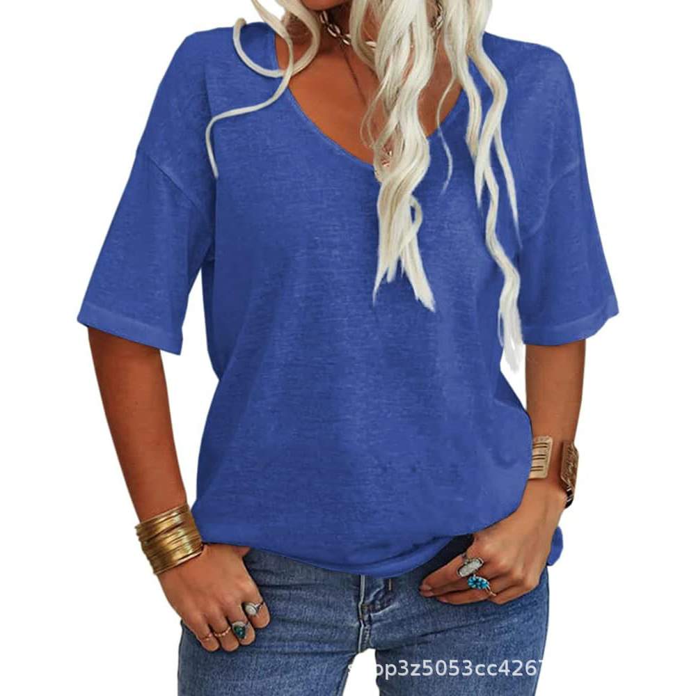 Women's V-Neck Short Sleeve Loose Fit T-Shirt Casual Solid Color Basic Top