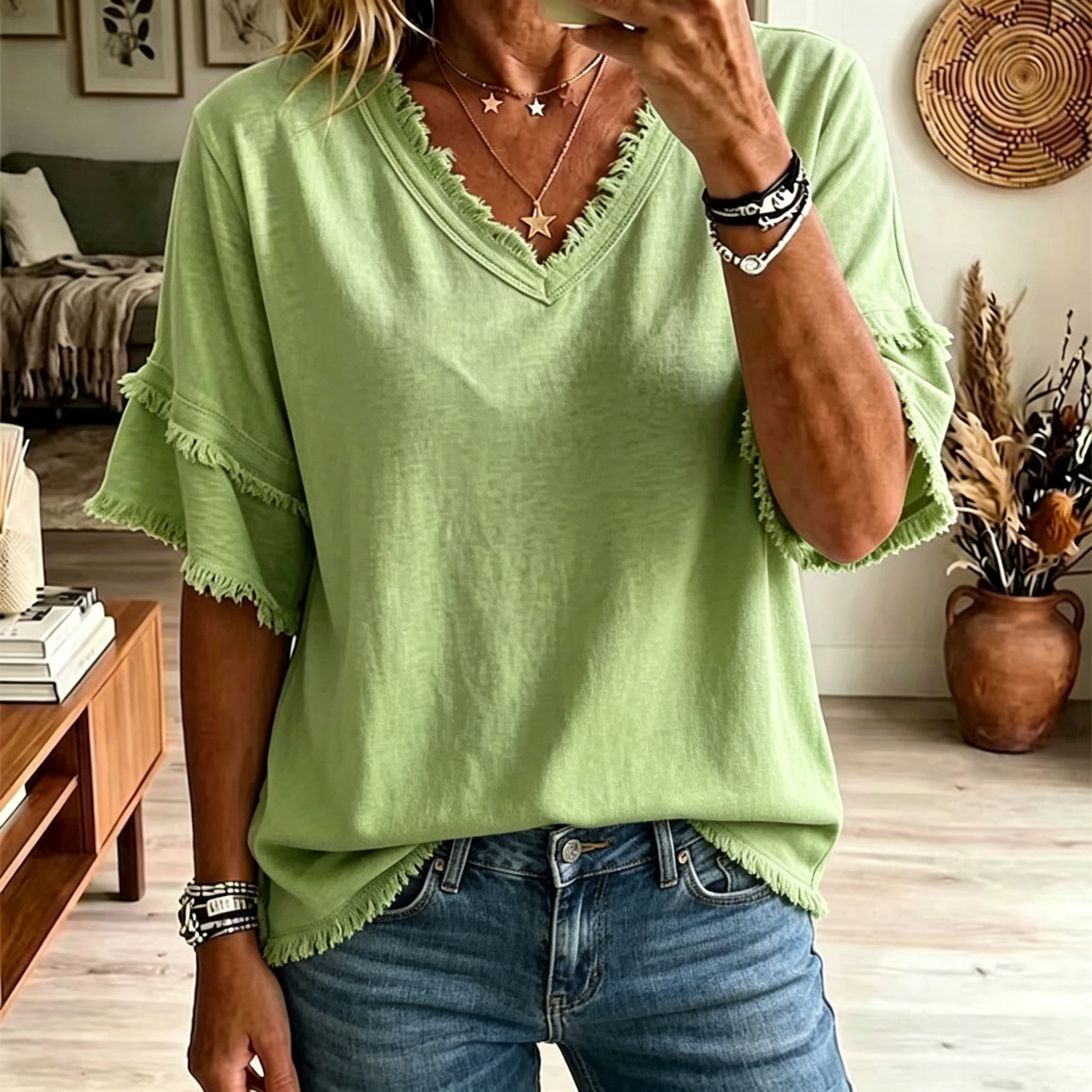 Women's Loose V-Neck Frayed Short-Sleeve T-Shirt Solid Casual Top