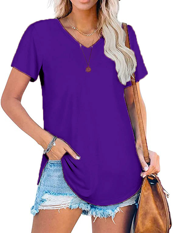 Women's V-Neck Knit Short Sleeve T-Shirt Loose Plus Size Solid Color Top
