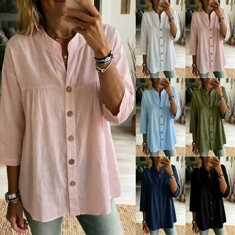 Women's Cotton-Linen Shirt Casual Vintage Solid Color 3/4 Sleeve Top