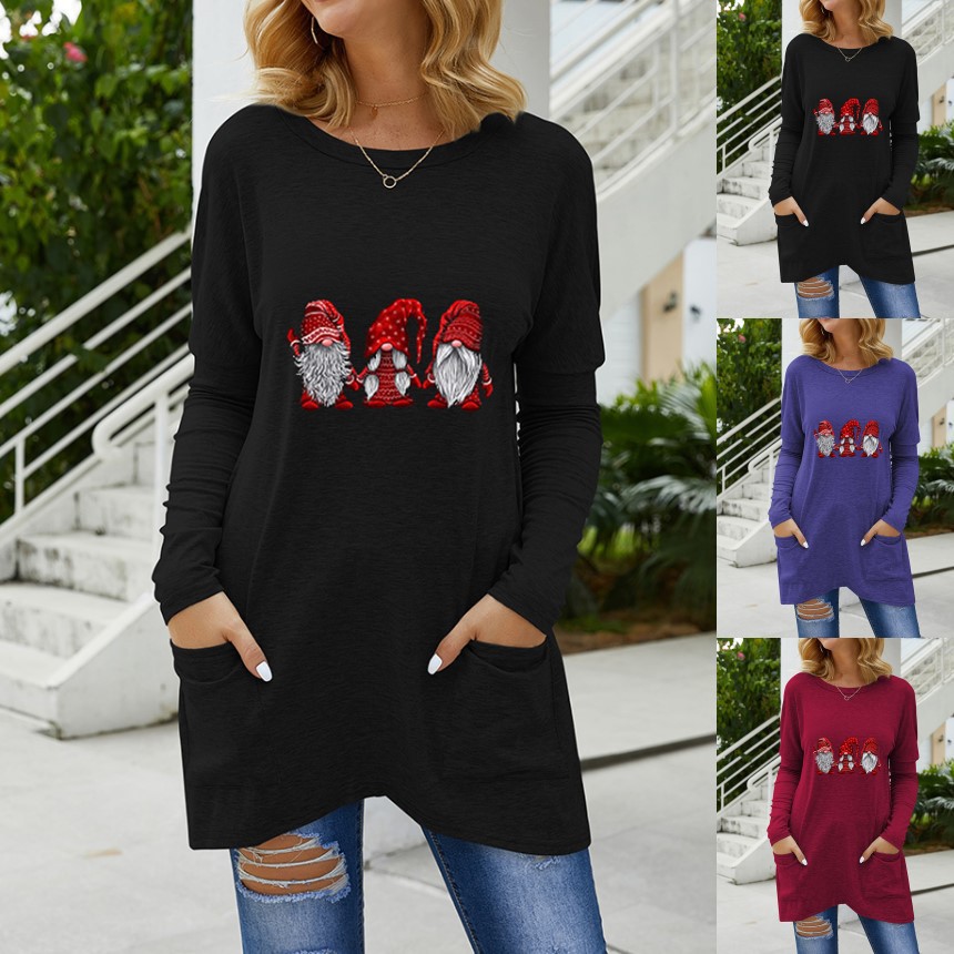 Christmas Santa Print Long Sleeve Dress T-Shirt for Women