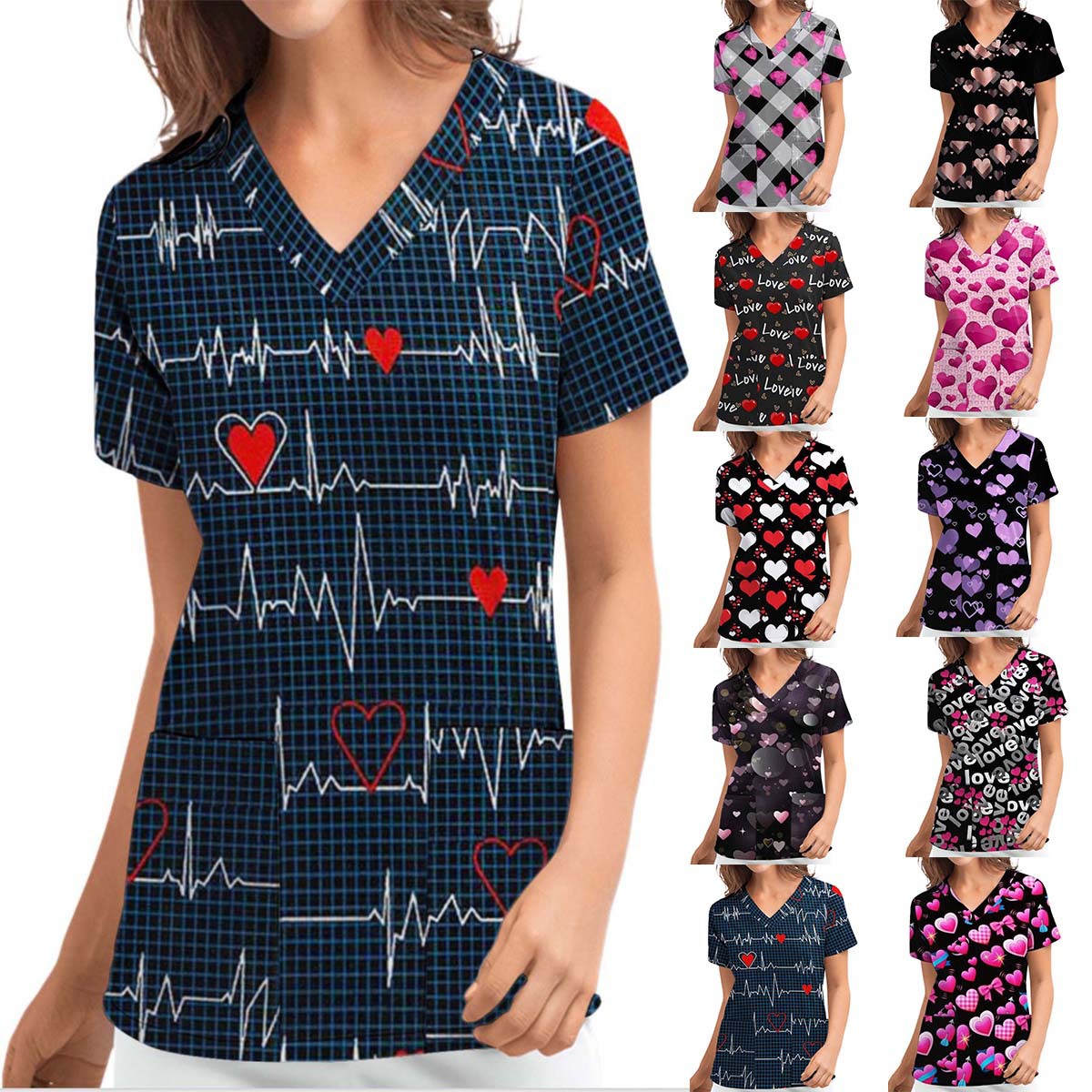 Digital Print Heart Short Sleeve Scrub Top V-Neck Loose Fit
