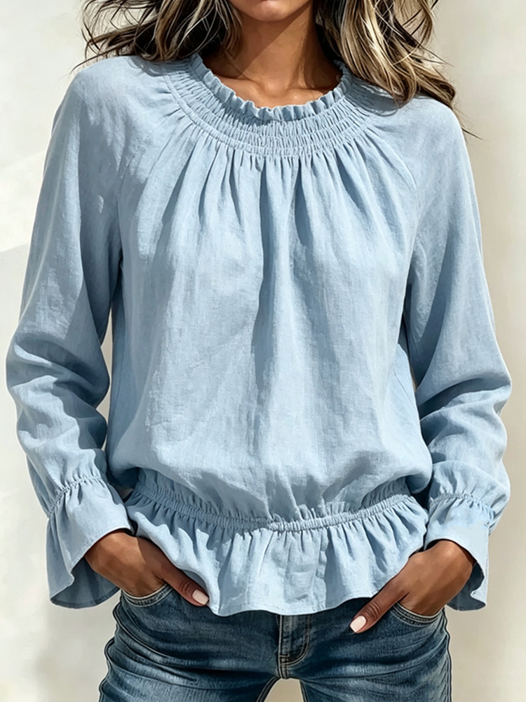 Women's Casual Crewneck Long-Sleeve Ruffle Solid Color T-Shirt