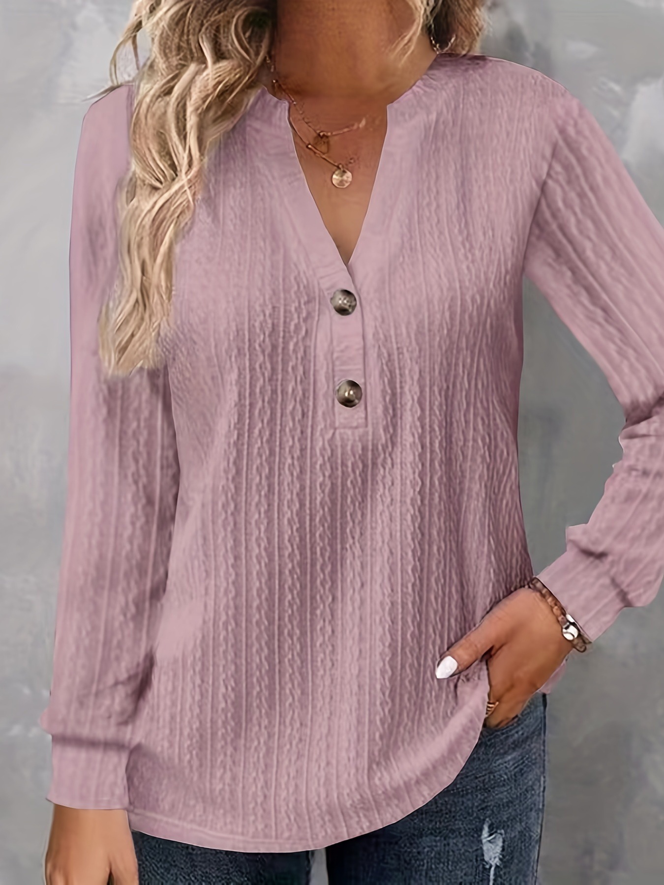 Women's Long Sleeve V-Neck Button T-Shirt Solid Color Top
