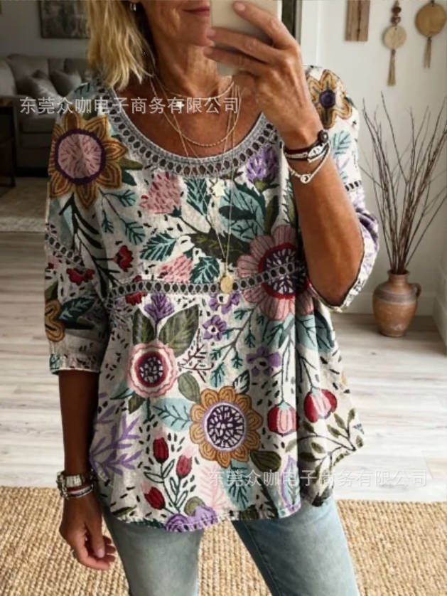 3D Floral Print Crewneck Half-Sleeve Ruched Top