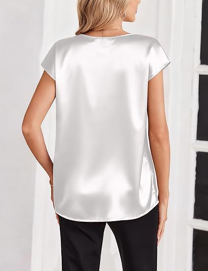 Satin V-Neck Short Sleeve Casual T-Shirt for Women