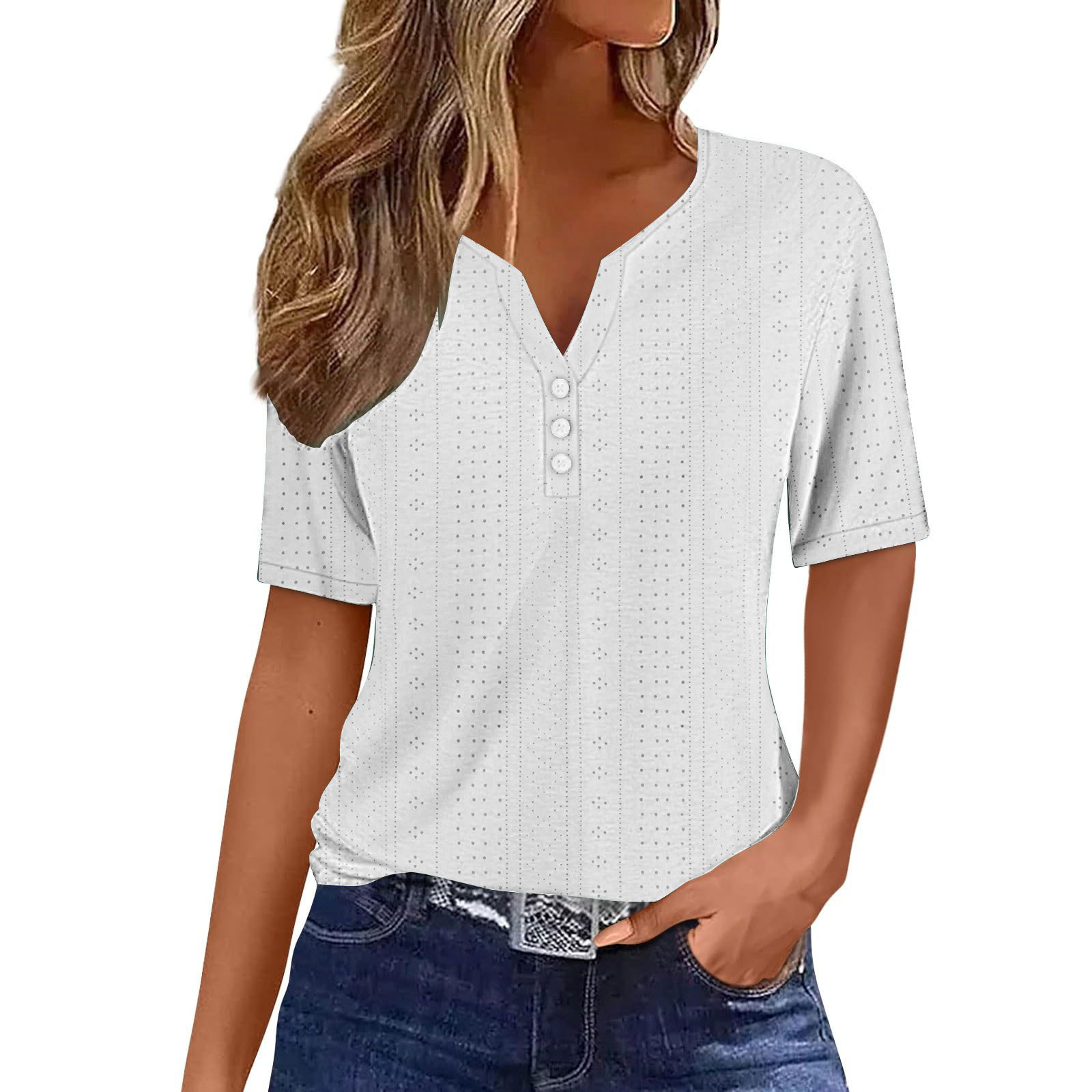 Women's Summer V-Neck Jacquard Hollow-Out Short-Sleeve Top
