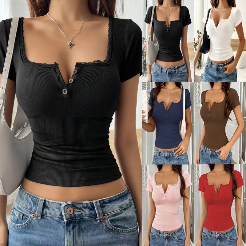 Lace Trim Button V-Neck Fitted Short Sleeve Top