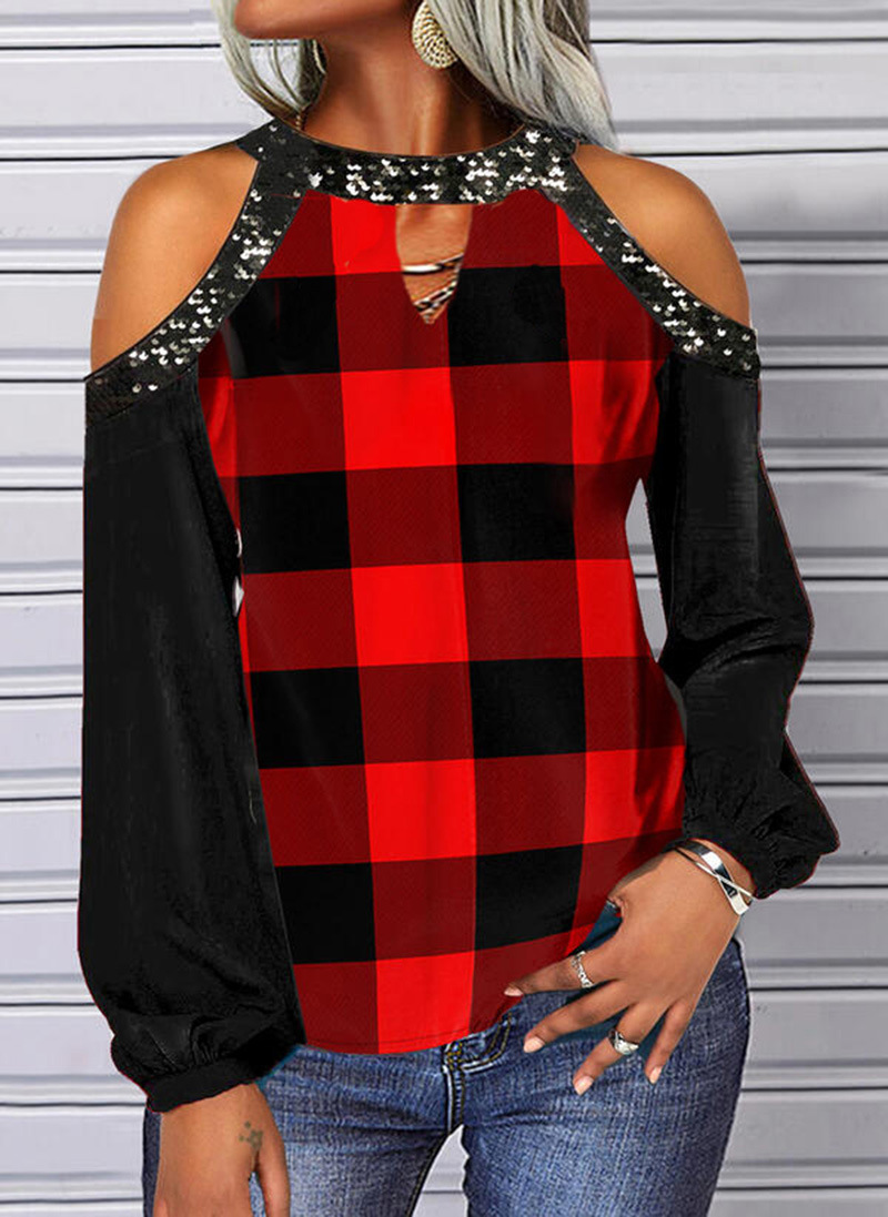 Women's Plaid Print Cold-Shoulder Long-Sleeve T-Shirt