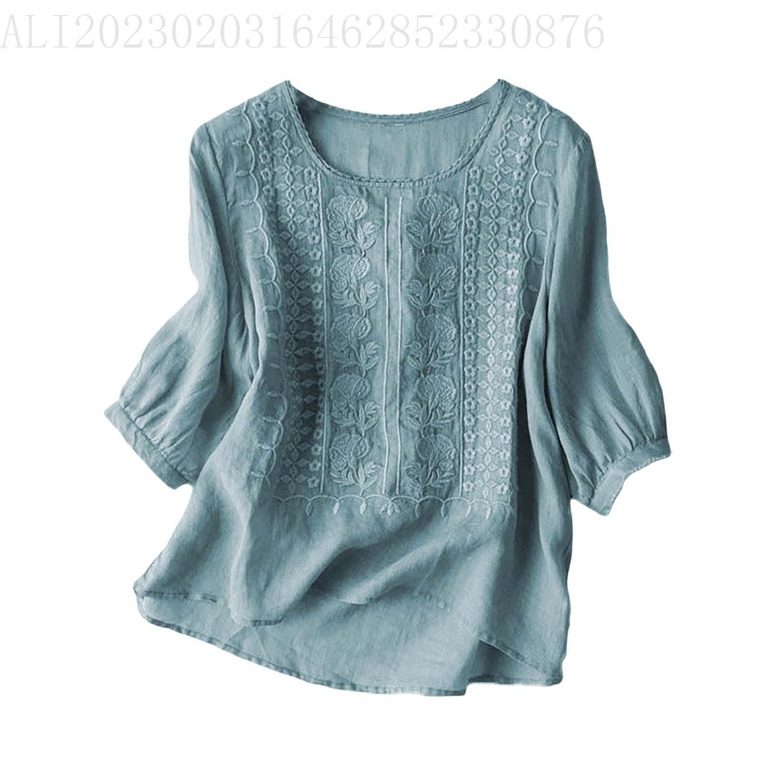 Embroidered Loose Cotton-Linen T-Shirt Women's Retro Round Neck Short Sleeve