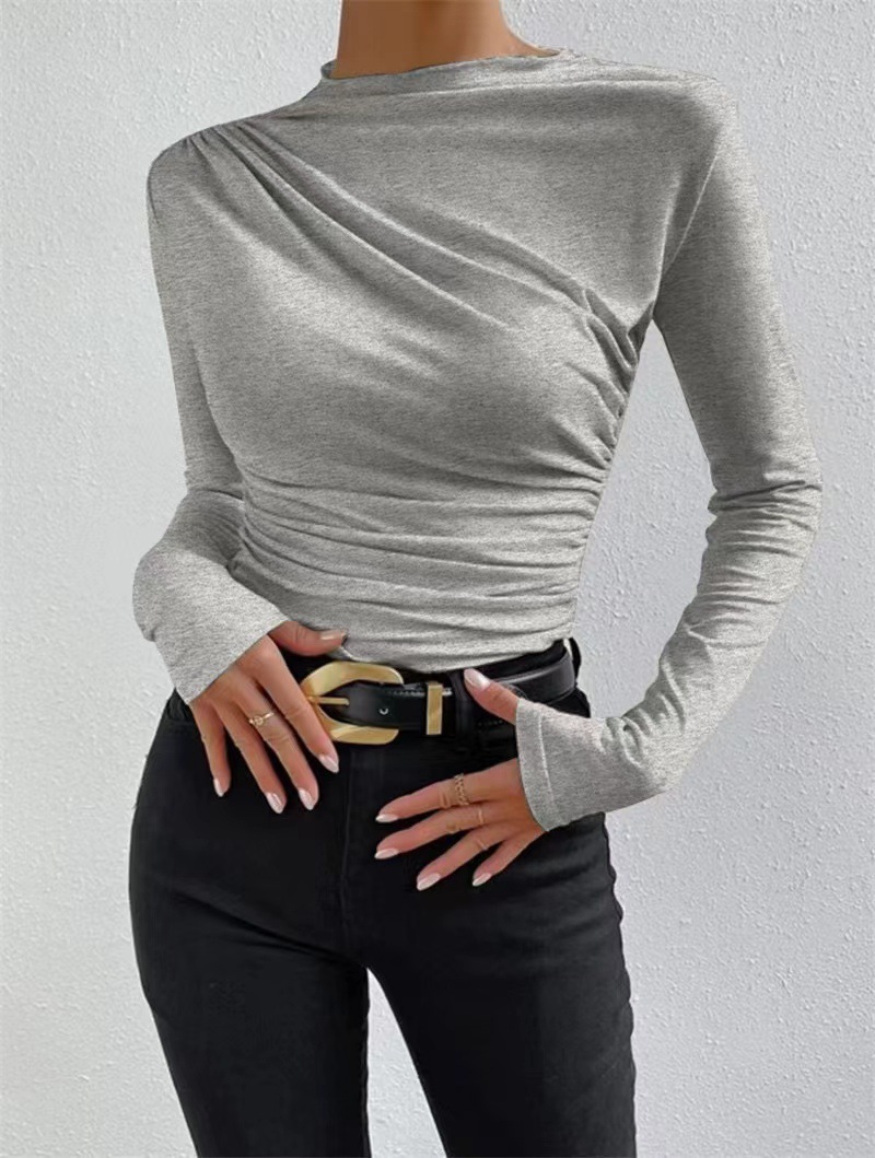 Women's Solid Color Slim Fit Pleated Long Sleeve Top