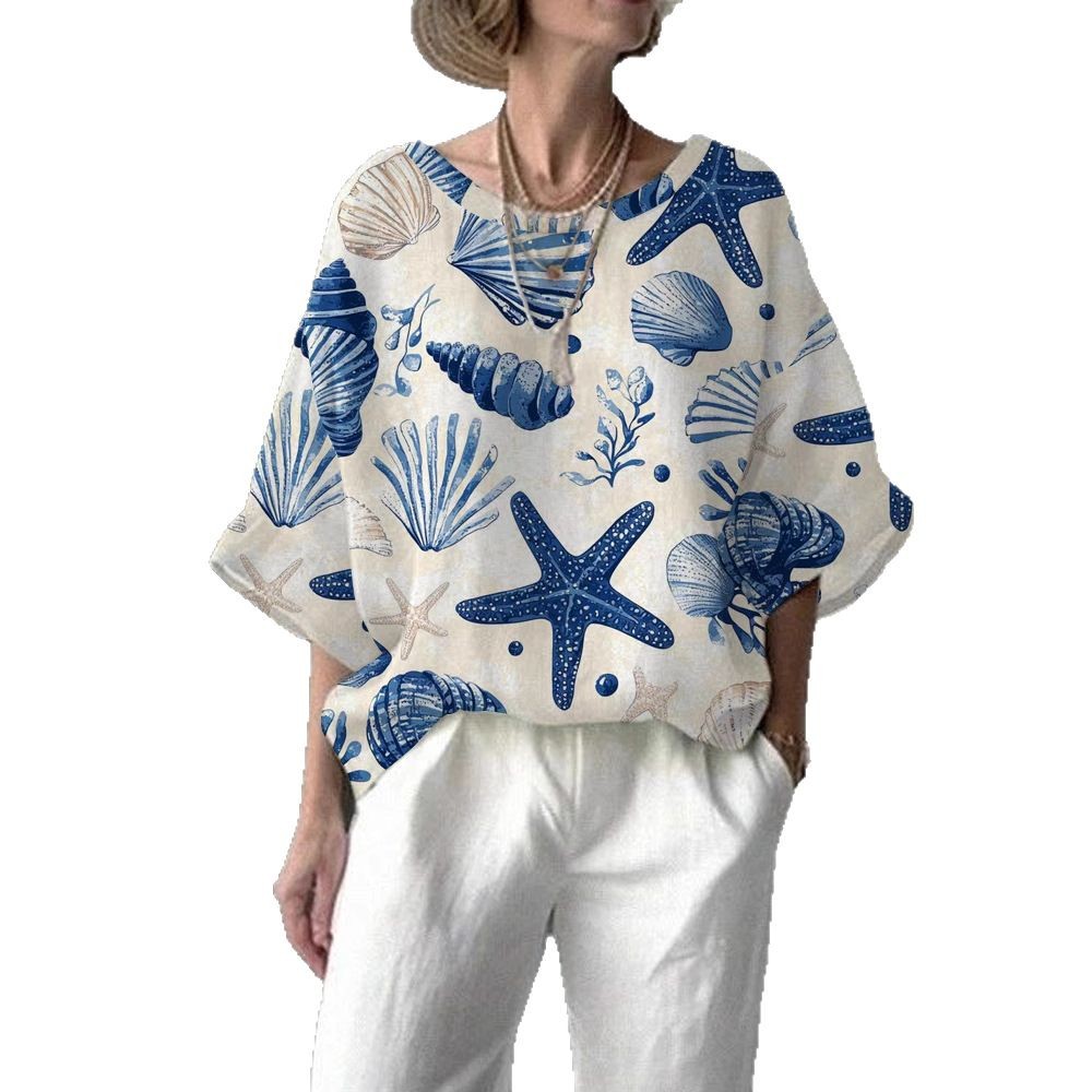 Women's Summer Digital Print Half-Sleeve Round Neck Loose Casual Top