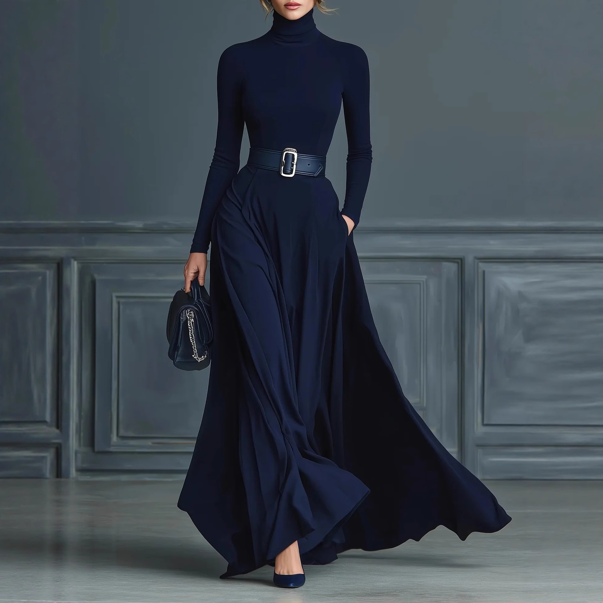 Women's Long Sleeve Solid High Neck Waist-Cinching Long Dress