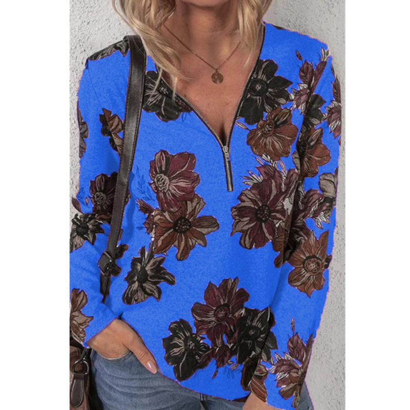 Women's Floral Print Zip Pullover Long Sleeve Loose T-Shirt Top