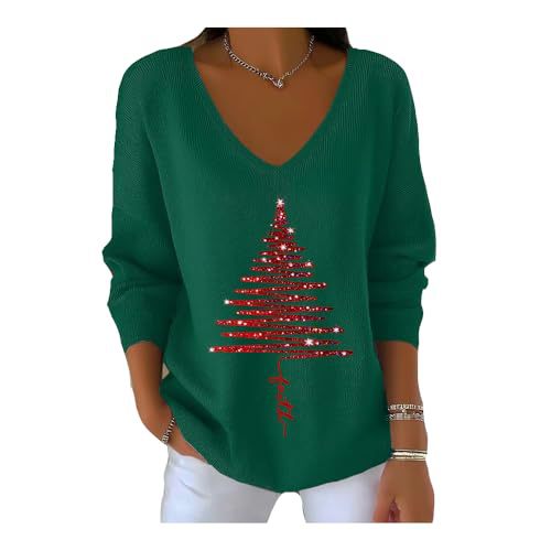 Women's V-Neck Long Sleeve Book & Christmas Tree Print T-Shirt