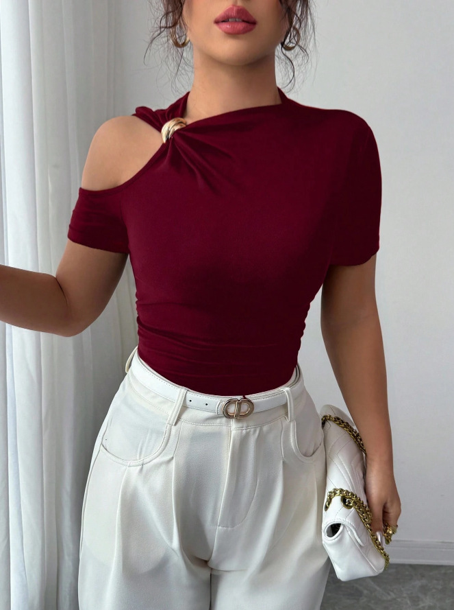 One-Shoulder Metallic-Trim Slim-Fit Knit Top
