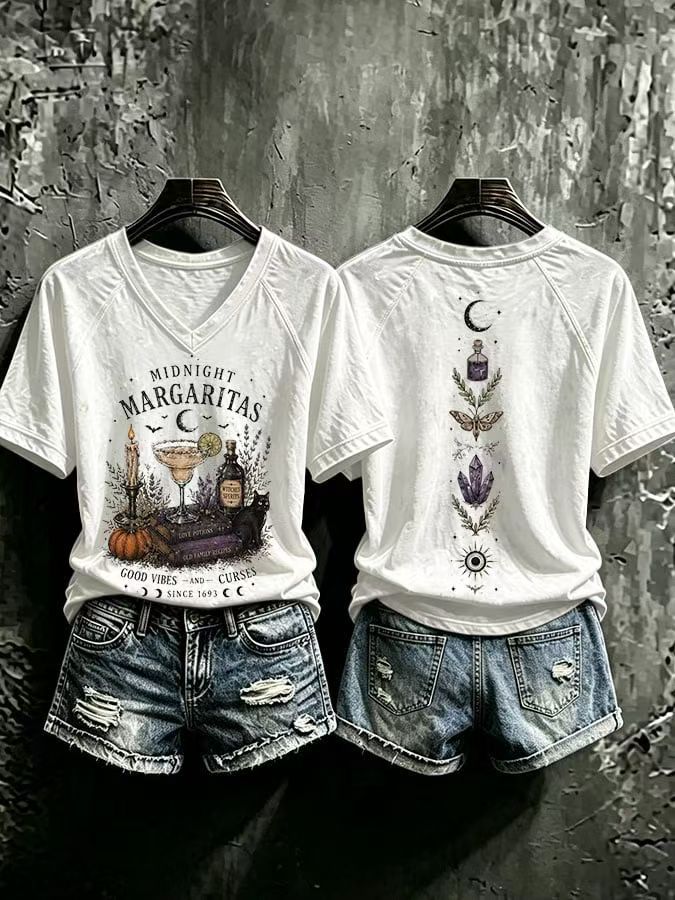 Fantasy Graphic Front and Back Print V-Neck T-Shirt