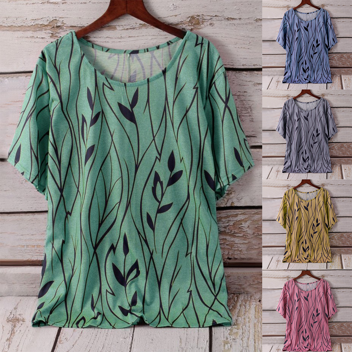 Women's Leaf Print Half-Sleeve T-Shirt Casual Loose Fit