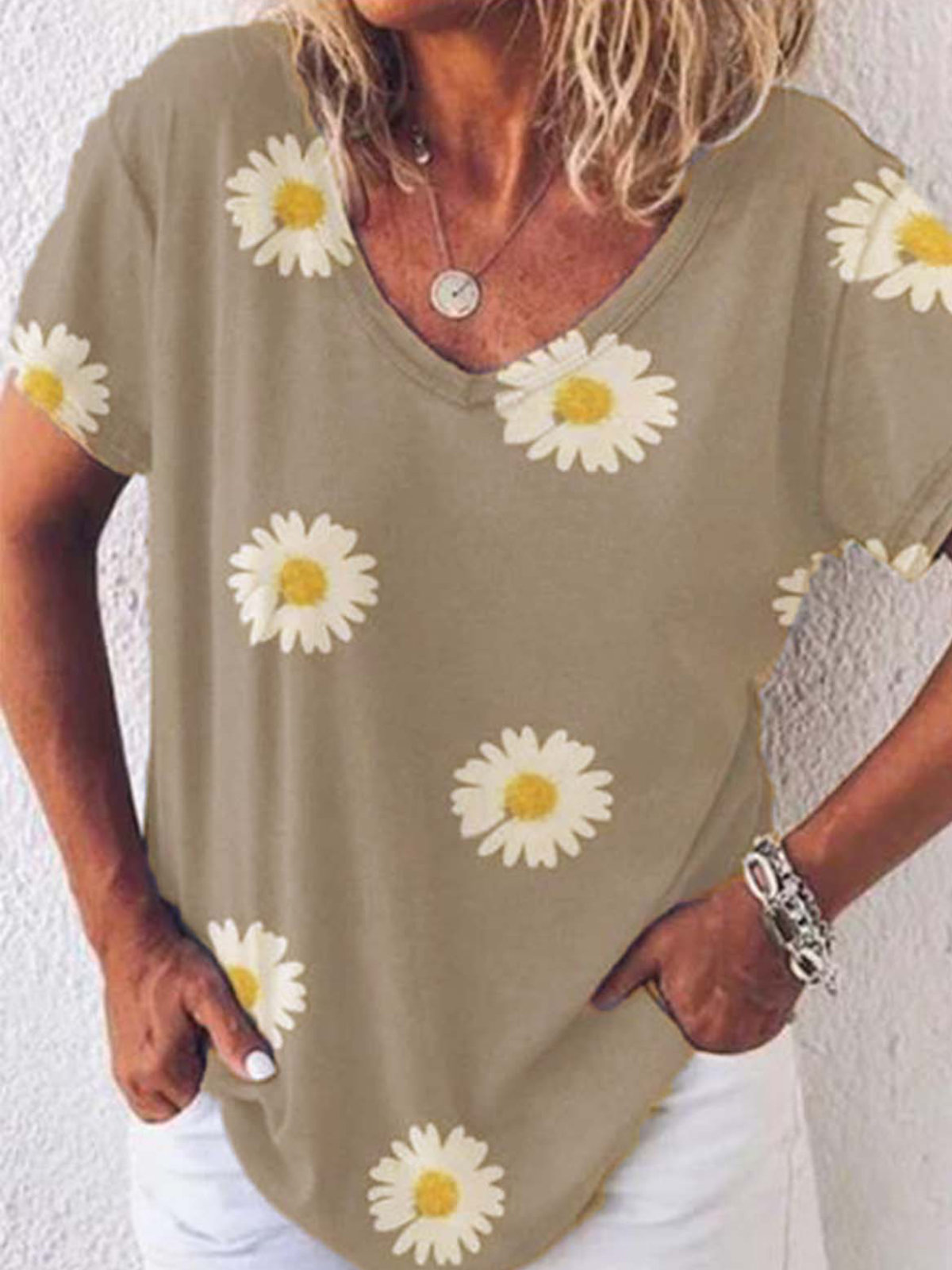 Women's Summer Loose V-Neck Printed Short-Sleeve T-Shirt