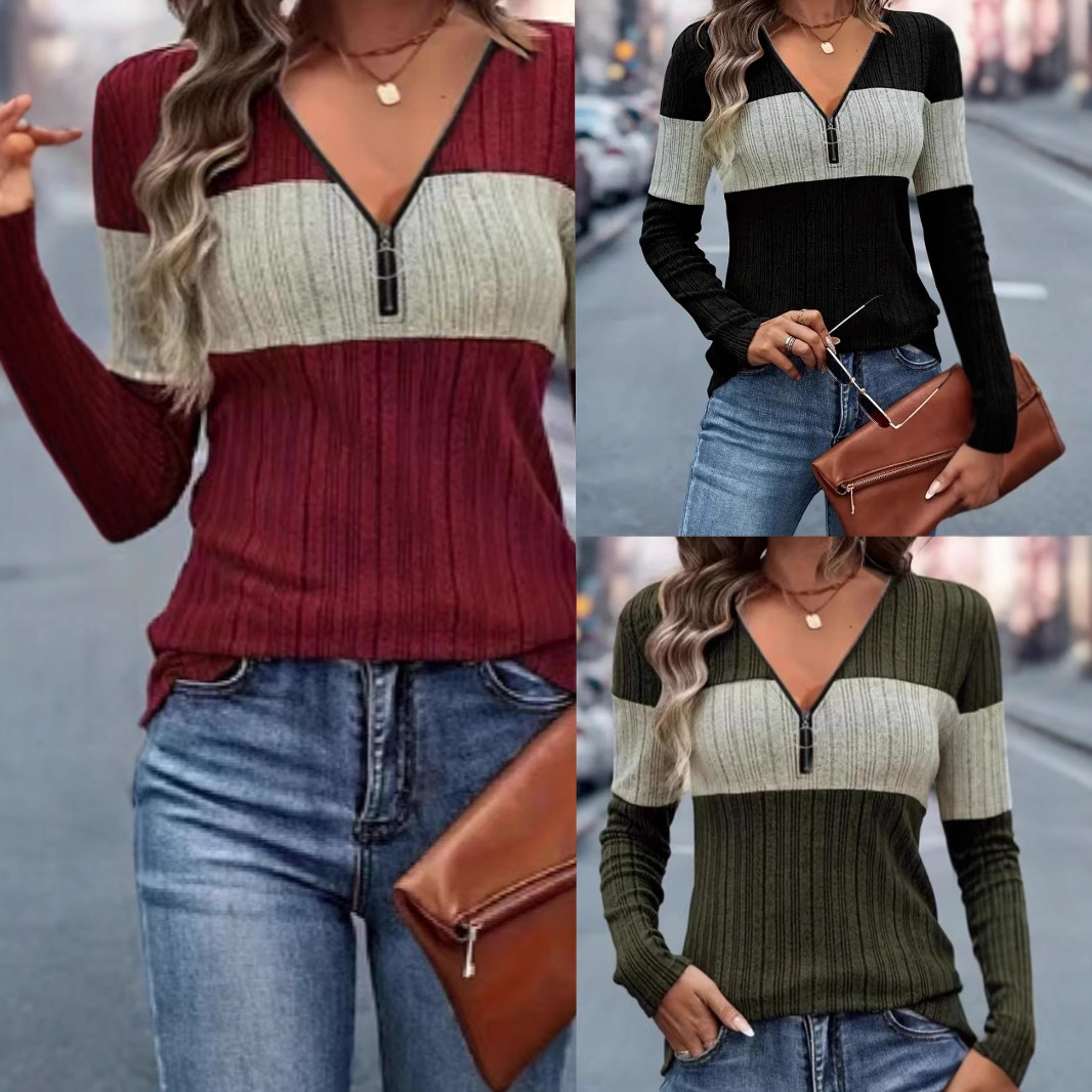 V-Neck Zip Colorblock Long-Sleeve T-Shirt
