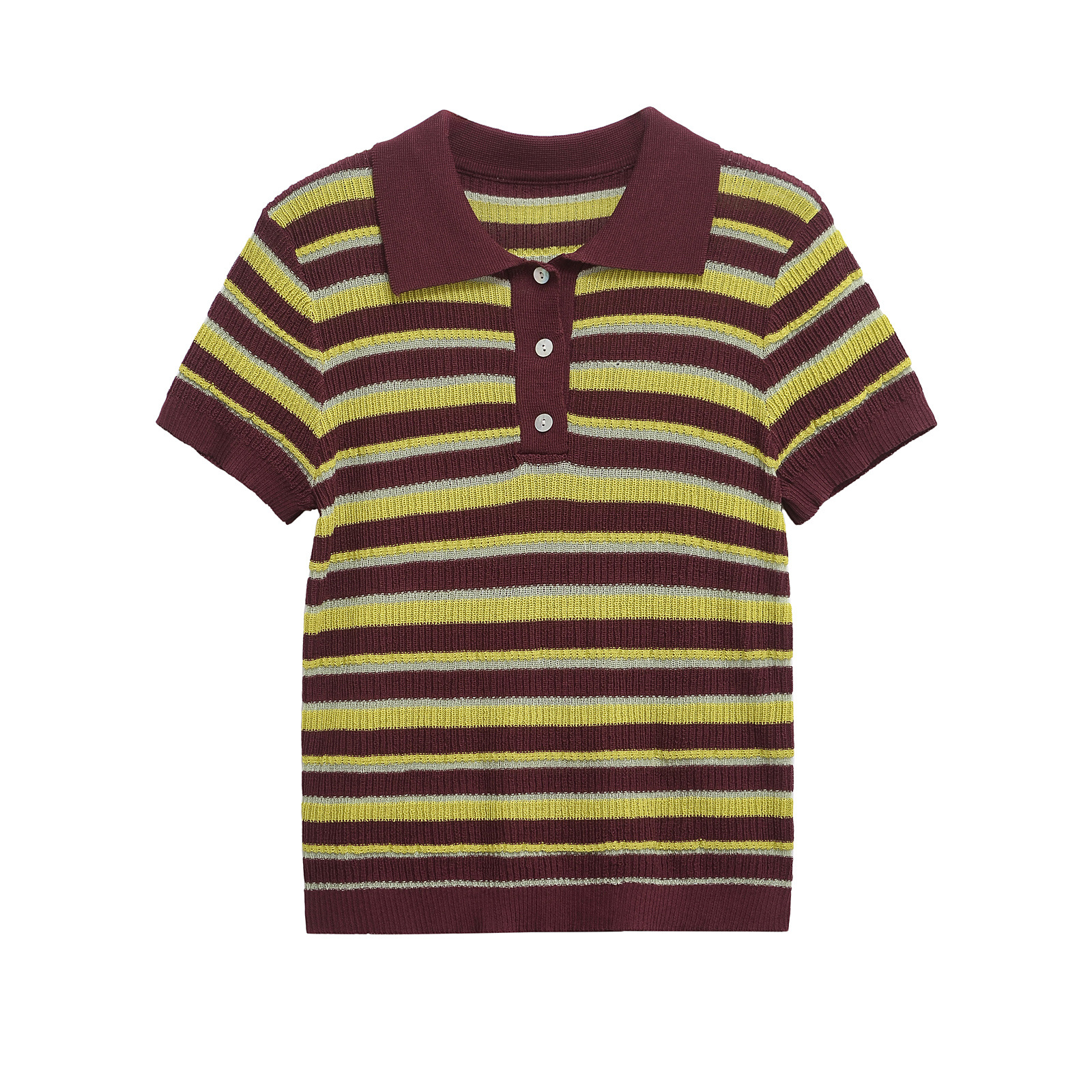 Striped Polo Neck Knit Short Sleeve Top
